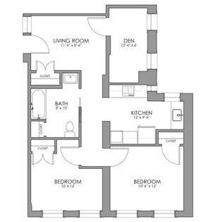 Modern floor plan showcasing 2 bedrooms, a den, spacious kitchen, and cozy living room with ample natural light.