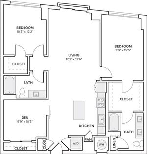 1107 square foot two bedroom two bath apartment with den floorplan image