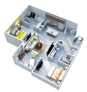 Elegant 3D floor plan showcasing 2 spacious bedrooms, a modern open-concept kitchen, and a cozy living area, featuring stylish interior design.