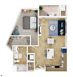 Modern floor plan showcasing a spacious 1-bedroom apartment with stylish open-concept living and dining area, sleek kitchen, luxurious bathroom, and cozy balcony.