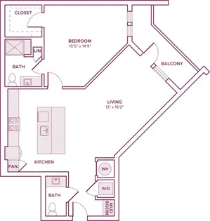 944 square foot one bedroom one bath apartment floor plan in Houston, TX