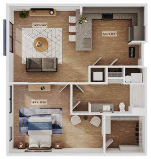 Modern and inviting 2D floor plan featuring a spacious bedroom, stylish open-concept living and kitchen area, and chic bathroom. Ideal for vibrant city living.