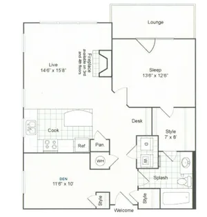 Inviting apartment floor plan featuring a spacious living area with a fireplace, modern kitchen, cozy bedroom, and a relaxing lounge area. Includes a den for versatile use, stylish bathroom, and convenient laundry space. Perfect for comfortable living.