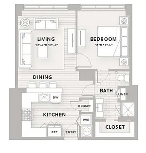 Chic floor plan for a 1-bedroom, 1-bath apartment featuring a spacious living area, modern kitchen, and ample closet space in The Star building, Houston.