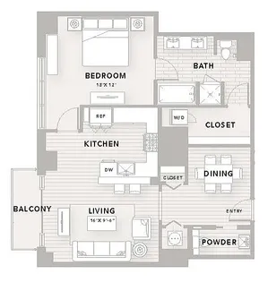 Modern floor plan A15 featuring 1 bedroom, 1.5 baths, spacious living area, elegant kitchen, and private balcony, covering 1,000 sq ft.