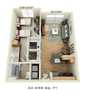 Cozy 3D floor plan featuring a bedroom, spacious living area, and modern kitchen layout in 698 sq ft.