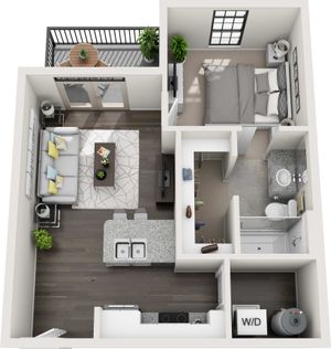 Modern 3D floor plan with one bedroom, cozy living area, stylish kitchen island, and private balcony, featuring elegant design and efficient layout.