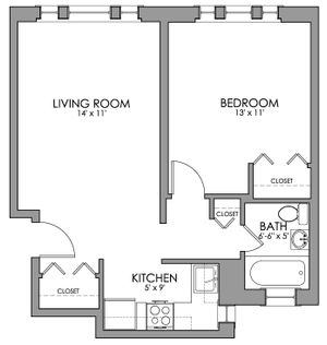 Modern floor plan with spacious living room, cozy bedroom, efficient kitchen, and convenient bathroom.