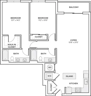 1246 square foot two bedroom two bath apartment floorplan image