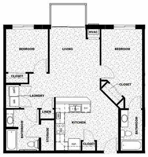 Modern floor plan with 2 bedrooms, 2 bathrooms, open living area, and kitchen. Includes laundry, HVAC, and ample closet space.