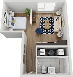 Bird\'s-eye view of a modern studio apartment, showcasing a combined living and sleeping area with a compact kitchenette and stylish bathroom.