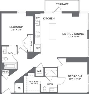 Modern apartment floor plan featuring 2 spacious bedrooms, a bright open kitchen, living/dining area, two baths, and a cozy terrace.