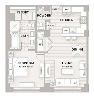 Modern floor plan A12 featuring 1 bedroom, 1.5 baths, spacious living and dining areas, and a well-equipped kitchen within 875 sq ft.