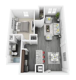 Modern 3D floor plan showcasing a cozy 1-bedroom apartment with an inviting living area, sleek kitchen, and elegant bathroom.