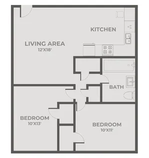 2-bedroom apartment floor plan with open living area, adjoining kitchen, one full bathroom, two bedrooms with closets, and central hallway access.