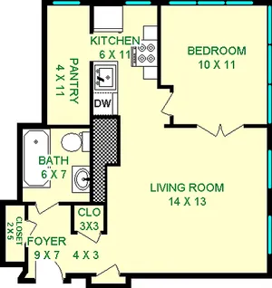 Sellers One Bedorom floorplan show 520 square feet, with a living room, bedroom, bathroom, kitchen, pantry and foyer