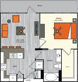 1 bedroom 1 bath apartment with dining area, walk in closet and 706 sq ft
