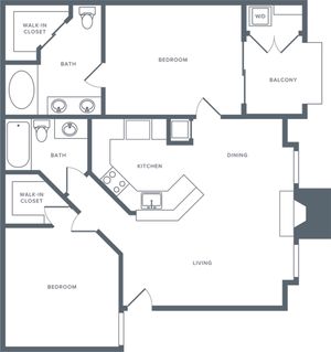 973 square foot two bedroom two bath apartment floorplan image