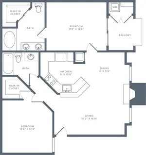 973 square foot two bedroom two bath apartment floorplan image