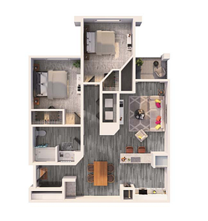 Modern 2D floor plan showcasing 2 spacious bedrooms, elegant living room, and contemporary kitchen with dining area.