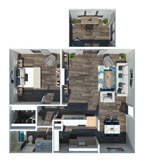 Modern 3D floor plan showcasing a spacious one-bedroom apartment, featuring an open-concept living and dining area, sleek kitchen, and a dedicated office space.