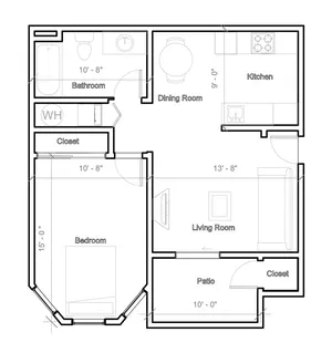 Chic floor plan showcasing a spacious one-bedroom apartment with a modern kitchen, dynamic dining area, inviting living room, and relaxing patio.