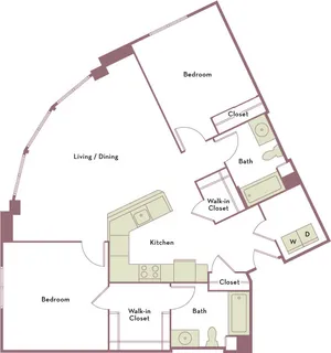 1,221 square foot two bedroom two bath apartment floorplan image