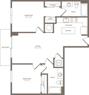 911 square foot two bedroom two bath apartment floorplan image