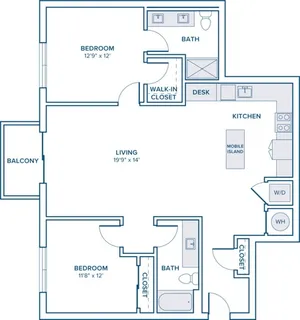 1201 square foot two bedroom two bath apartment floor plan in St. Petersburg, FL