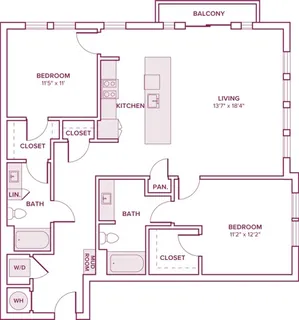 1216 square foot two bedroom two bath apartment floor plan in Houston, TX