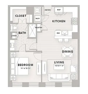 Modern A4 floor plan featuring 1 bedroom and 1 bathroom, with a spacious kitchen, dining area, and living room, covering 790 sq ft at The Star Houston.