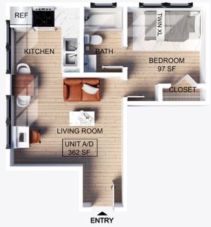 One bed, one bathroom apartment floor plan