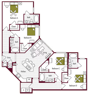 Inviting floor plan showcasing 4 bedrooms, interconnected living and dining spaces, modern kitchen, and multiple bathrooms.