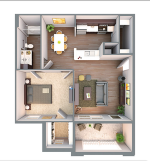Contemporary 3D floor plan showcasing a spacious one-bedroom apartment with an open living area, modern kitchen, and private balcony.