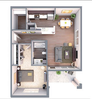 Modern apartment floor plan with one bedroom, a cozy living room, sleek kitchen, and dining area, perfect for contemporary living.