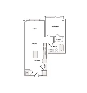 783 square foot one bedroom one bath apartment floorplan image