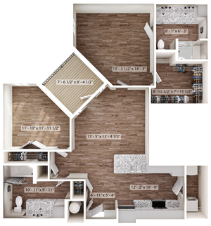 Elegant 3-bedroom apartment floor plan featuring open-concept living space, modern kitchen with island, and spacious walk-in closet.