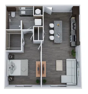 Modern 3D floor plan of Unit B1 featuring 1 bedroom, 1 bathroom, and a stylish open-concept living and kitchen area, spanning 780 sq. ft.