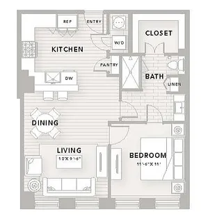 Modern A5 floor plan featuring 1 bedroom and 1 bath, with an open kitchen, dining, and living area. Efficient 790 sq ft layout ideal for comfortable urban living.