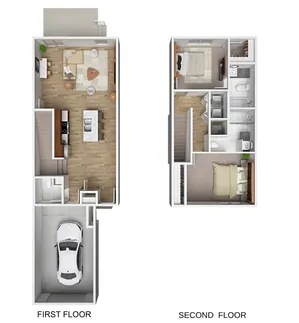 Modern 3D floor plan showcasing a multi-level townhouse with a cozy living area, sleek kitchen, and two spacious bedrooms on the second floor. Includes an attached garage for convenience.