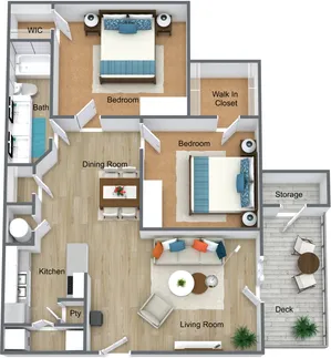 Modern 3D floor plan showcasing 2 bedrooms, a cozy living room, dining area, sleek kitchen, and a relaxing deck with storage.