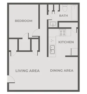 1-bedroom apartment floor plan with bedroom, bathroom, kitchen, open living and dining area, and interior closets near entry.