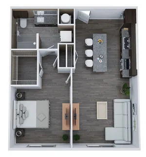 Unit B1 floor plan with 1 bedroom, 1 bath, 780 sq. ft., featuring a modern kitchen and cozy living area.