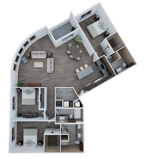 Elegant 3D floor plan showcasing three bedrooms, a modern kitchen with island, open-concept living and dining area, and two bathrooms.