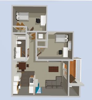 Modern 3D floor plan showcasing two bedrooms, a stylish open-concept kitchen, cozy living area, and a spacious bathroom with elegant design.