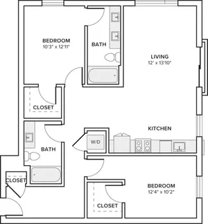 1072 square foot two bed two bath floor plan in Seattle, WA