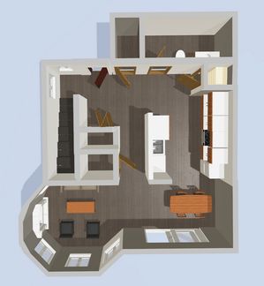 Modern floor plan featuring an elegant open-concept living area, stylish kitchen with island, cozy lounge, and spacious dining space, ideal for contemporary living.