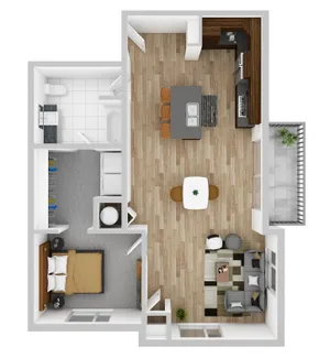 Contemporary 3D floor plan showcasing an inviting open-concept kitchen, living, and dining area, a cozy bedroom, a modern bathroom, and a spacious balcony with stylish finishes.