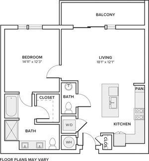 850 square foot one bedroom one bath apartment floorplan image