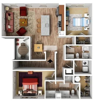 Elegant floor plan with 2 cozy bedrooms, open-concept living and dining area, modern kitchen island, and two luxurious bathrooms.